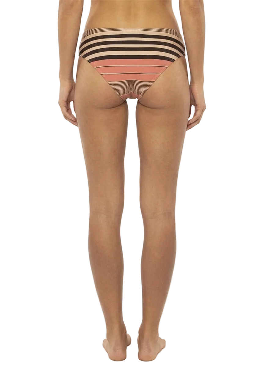 Rear view of a model wearing high-waisted bikini bottoms with horizontal stripes in black, beige, and coral pink on a plain light background.