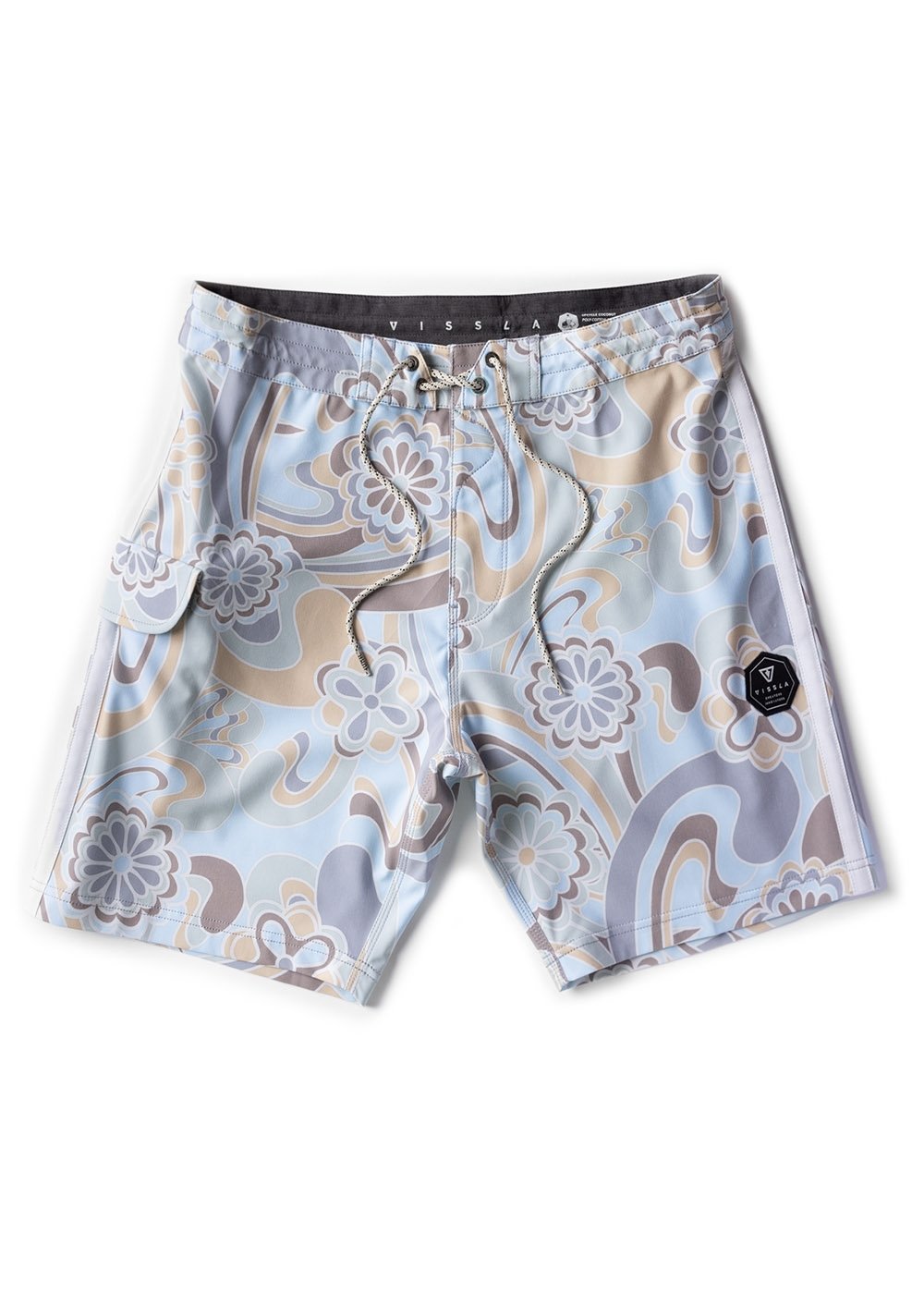 Patterned shorts with a brand logo on a white background